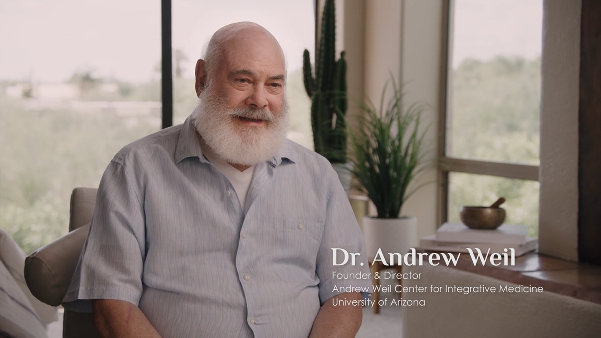 Image of Dr. Andrew Weil sitting in a room with the caption: Dr. Andrew Weil Founder & Director Andrew Weil Center for Integrative Medicine University of Arizona
