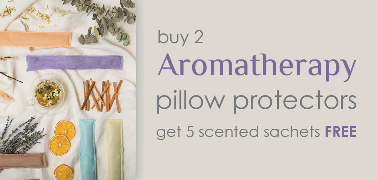 Image of five Aromatherapy sachets with various items that represent the scents and text that reads: "buy 2 Aromatherapy pillow protectors get 5 scented sachets FREE"