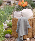 Image of a basket with a Heritage Quilt, Ochre Wave Coverlet, Ecru Ridgeback Coverlet, and Agave Ridgeback Coverlet. The basket is surrounded by greenery and cacti out in nature.