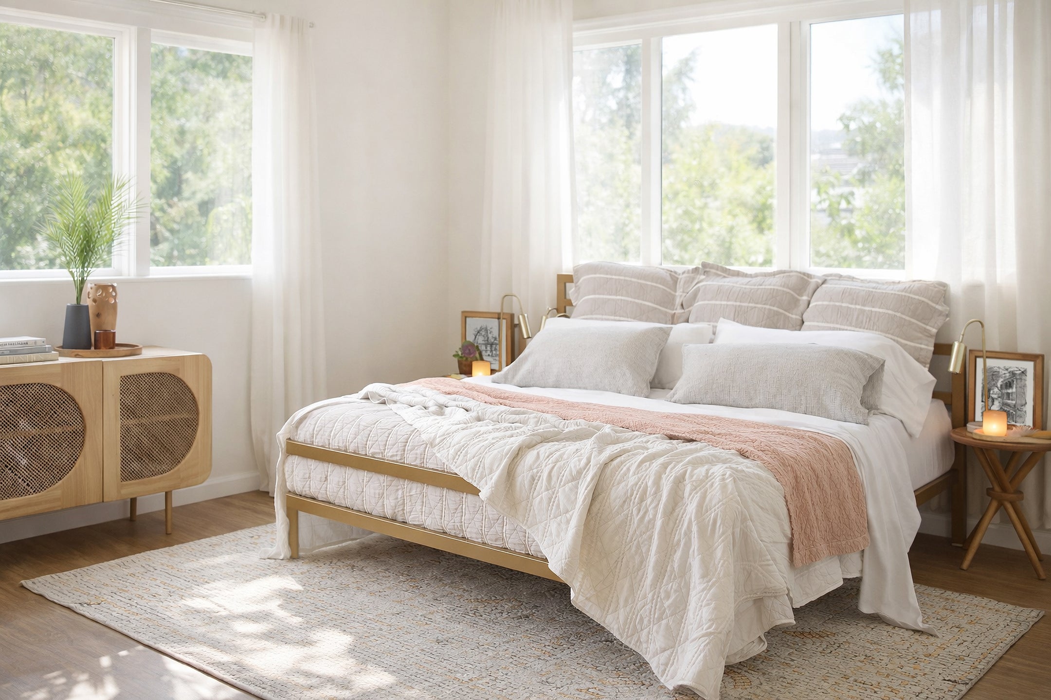 Image of a bed in a naturally lit room with the Dr. Weil Heritage Bundle on the bed, including a Gray and White Heritage Quilt, Pink Sandstone Wave Coverlet, Hemp Pinstripe Pillowcases, and White Blended Linen Sheets
