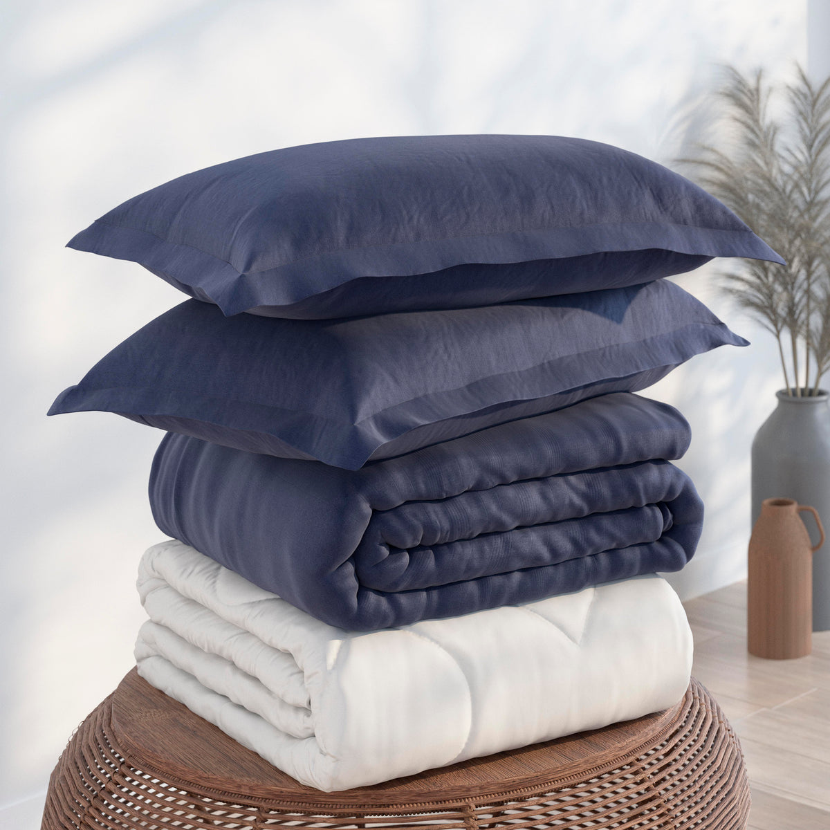 Image of the Midnight Soft Touch Bundle on top of a brown table. The bedding shown includes (from top to bottom): 2 Midnight Pillow Shams, a neatly folded Midnight Soft Touch Duvet Cover, and a neatly folded Soft Touch Duvet Insert 