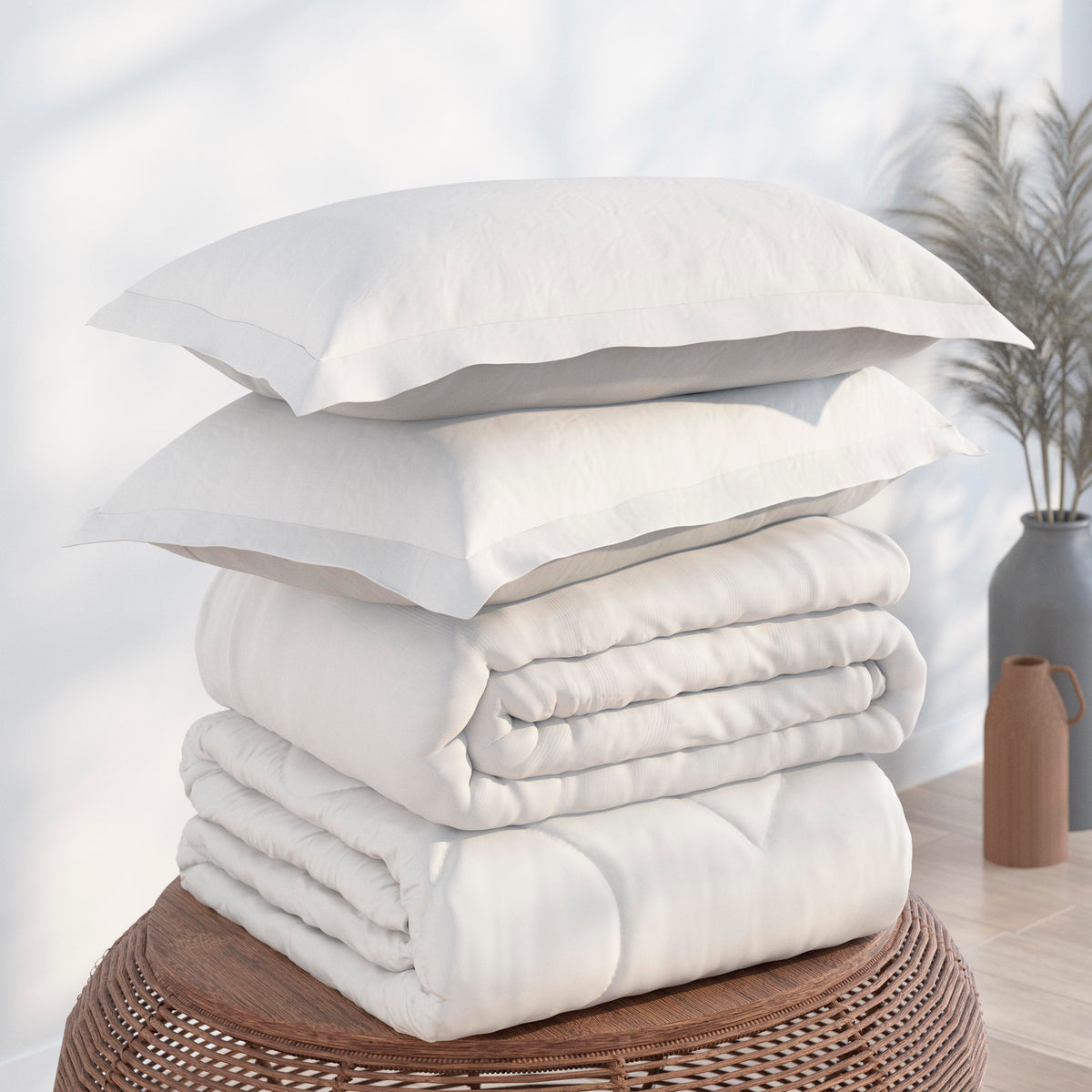Image of the White Soft Touch Bundle on top of a brown table. The bedding shown includes (from top to bottom): 2 White Pillow Shams, a neatly folded White Soft Touch Duvet Cover, and a neatly folded Soft Touch Duvet Insert 