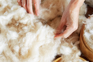 Image of a person's hands feeling the texture of kapok fibers in various wooden bowls and baskets