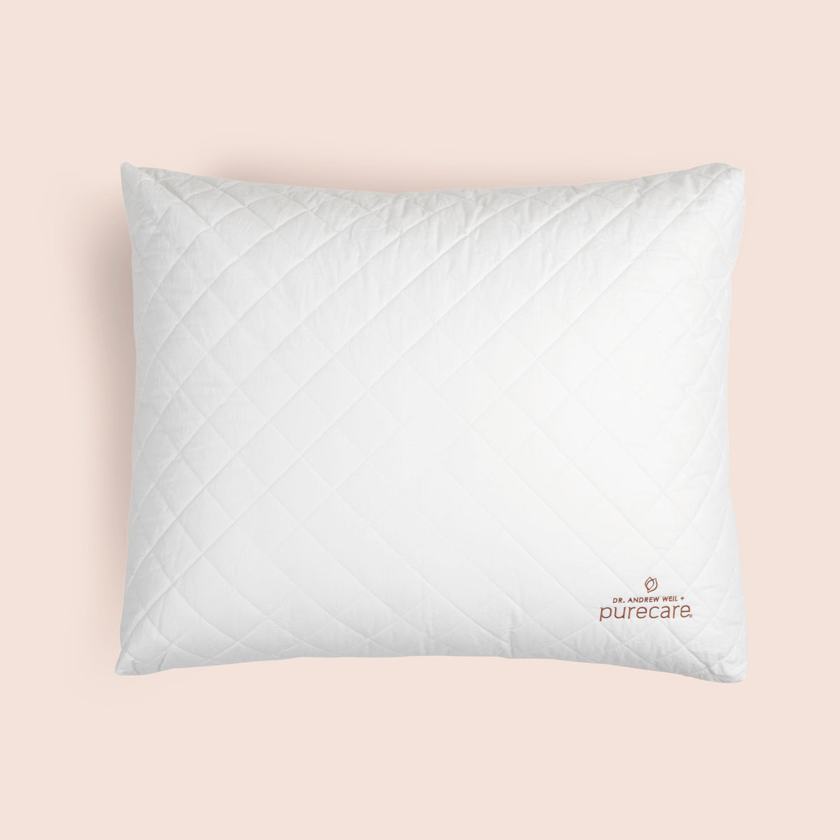 Image of a white, square Meditation Cushion shown from a top view on a light pink background with the Dr. Andrew Weil + Purecare logo sewn on in the bottom right corner