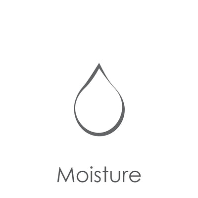 Gray icon of a water droplet with the caption Moisture