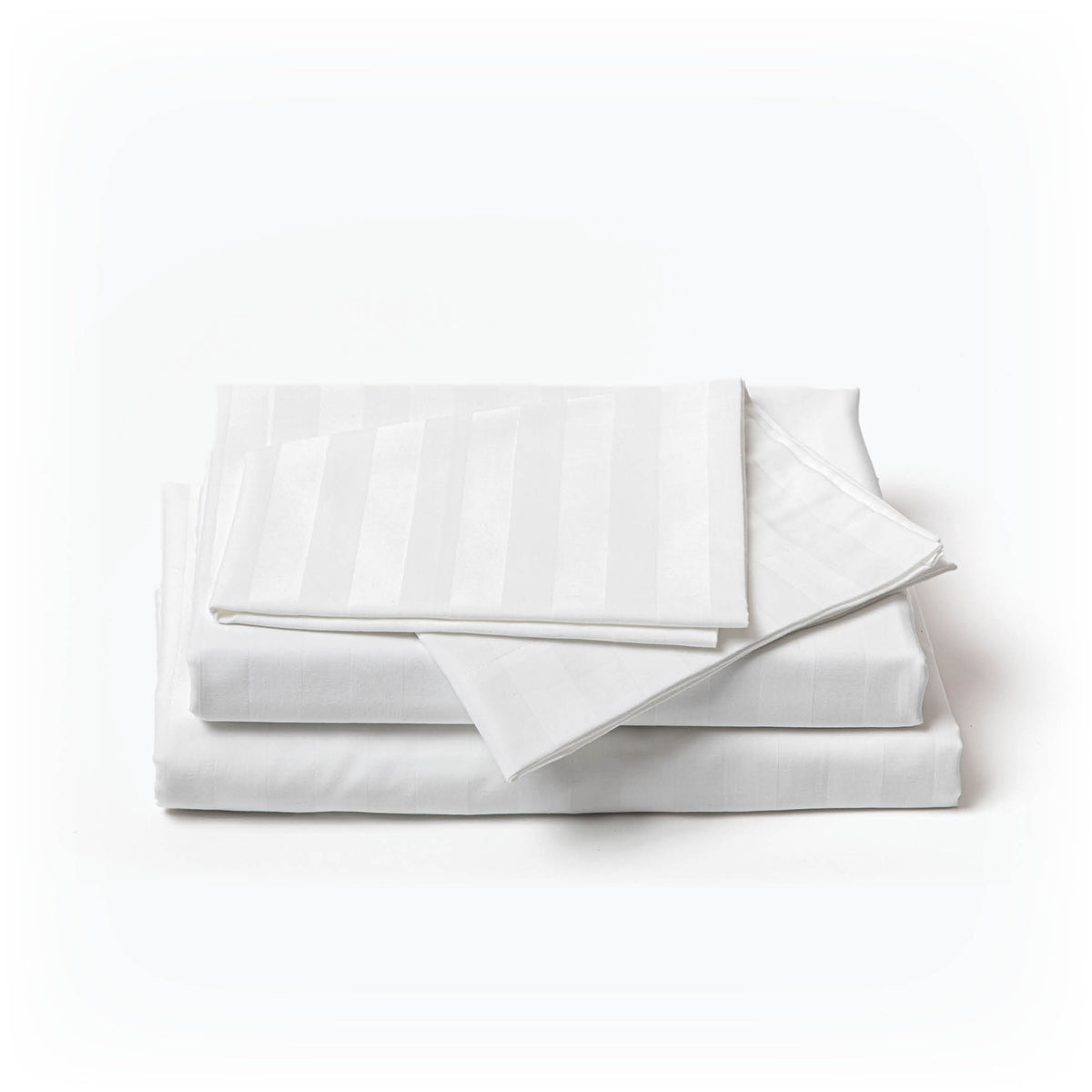 Image showcasing the entire White Luxury Resort Hotel Collection Classic Cotton Sheet Set. It includes (pictured top to bottom): two folded pillowcases, one flat sheet, and one fitted sheet