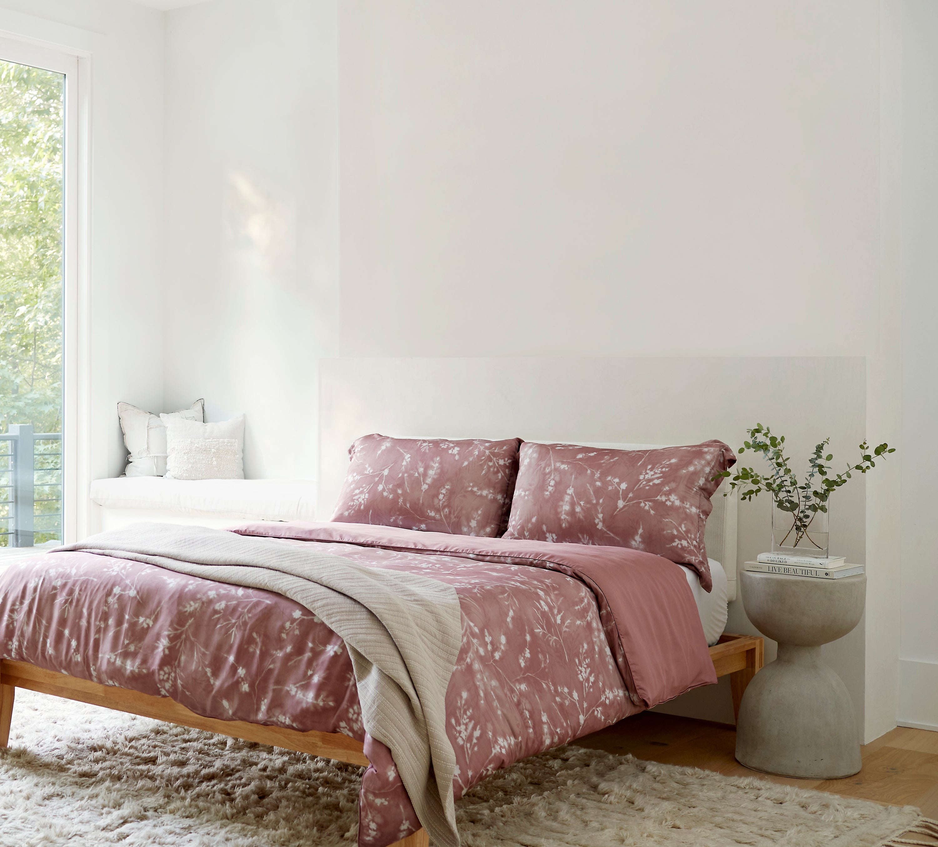 Image of a white bedroom with the Floral Ash Rose Duvet Cover and Pillow Shams on the bed 