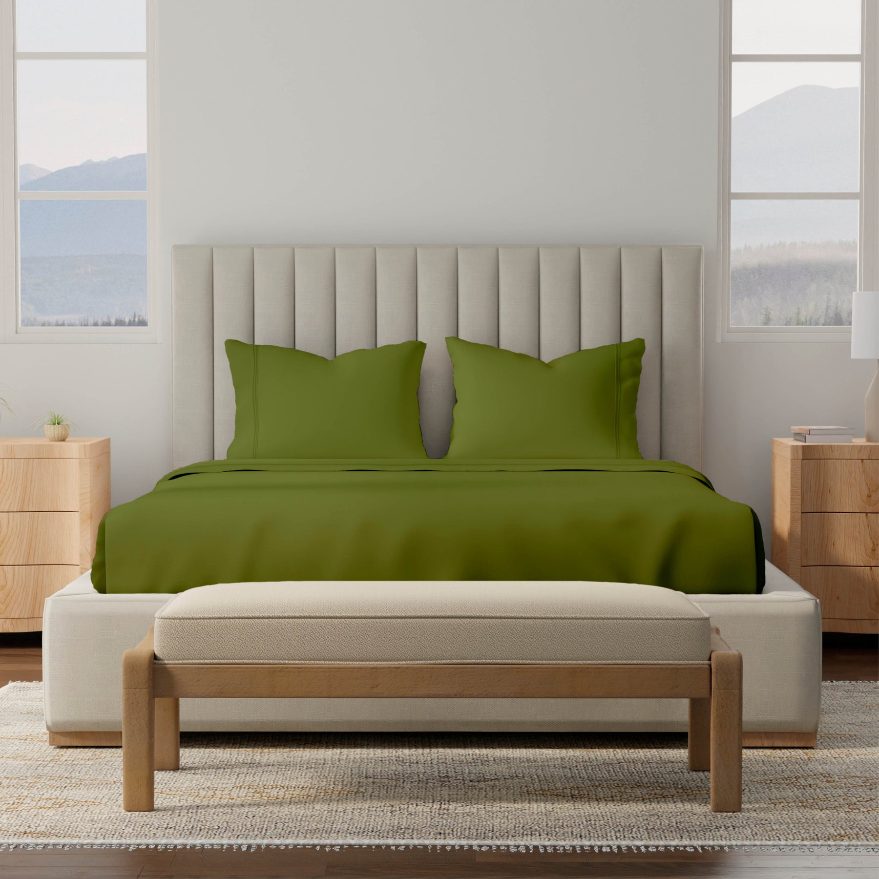 Image of a bedroom with a dressed bed with Moss Soft Touch TENCEL™ Modal Sheets