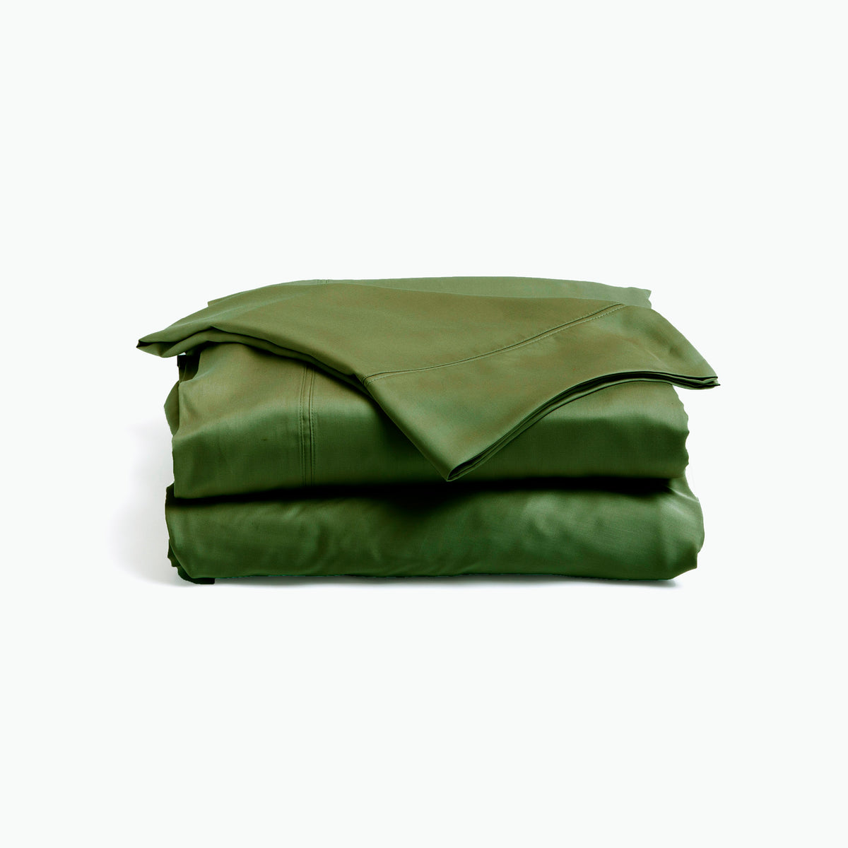 Image showcasing entire Moss Recovery Viscose Sheet Set all neatly folded on top of one another with a white background. The image shows (from top to bottom): pillowcase, flat sheet, fitted sheet