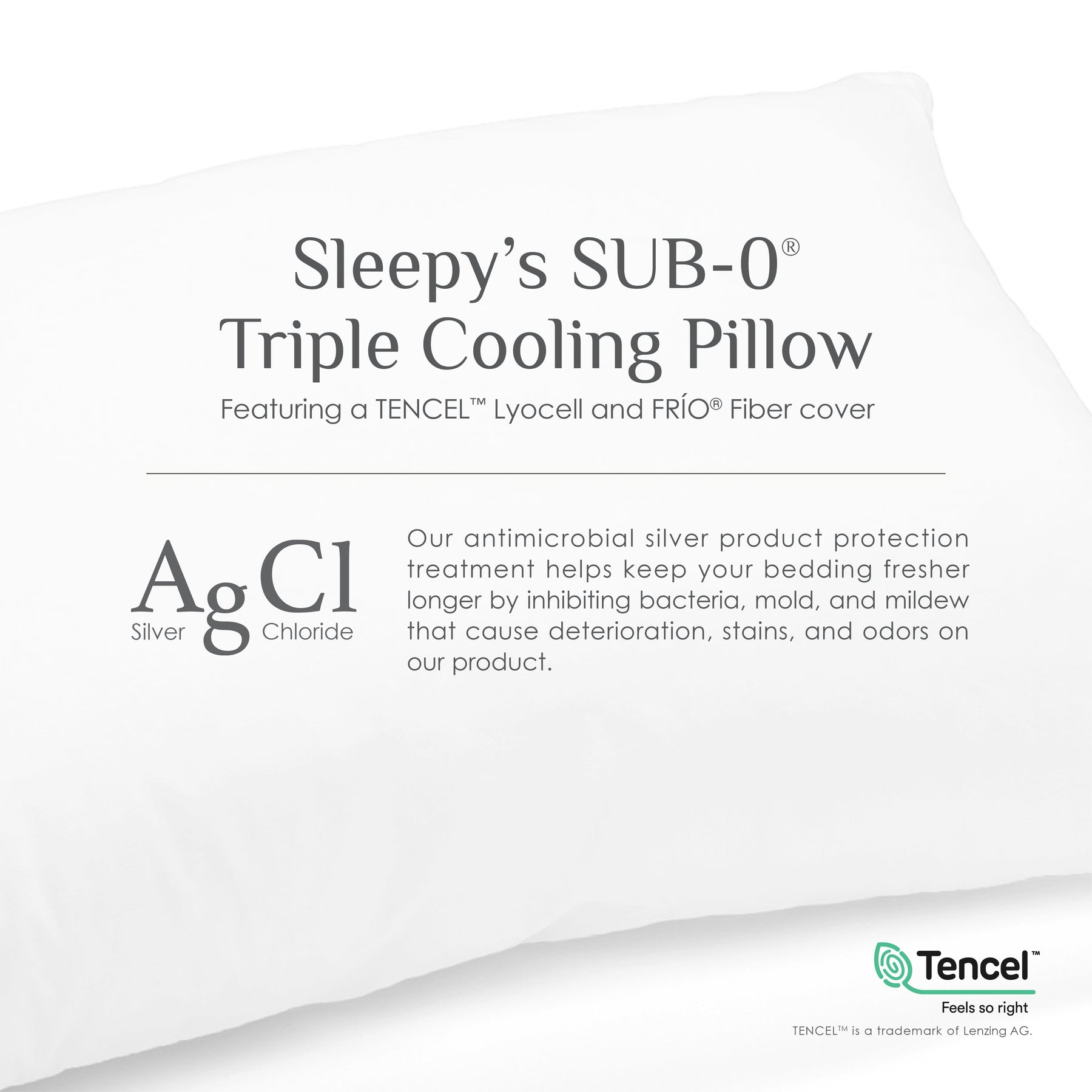 Image of a pillow on a white background with the caption: "Sleepy's SUB-0 Triple Cooling Pillow Featuring a TENCEL Lyocell and FRíO Fiber cover | AgCl Our antimicrobial silver product protection treatment helps keep your bedding fresher longer by inhibiting bacteria, mold, and mildew that cause deterioration, stains, and odors on our product."