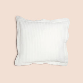 Image of the Ecru Ridgeback Pillow Sham featured on a Euro pillow with a light pink background