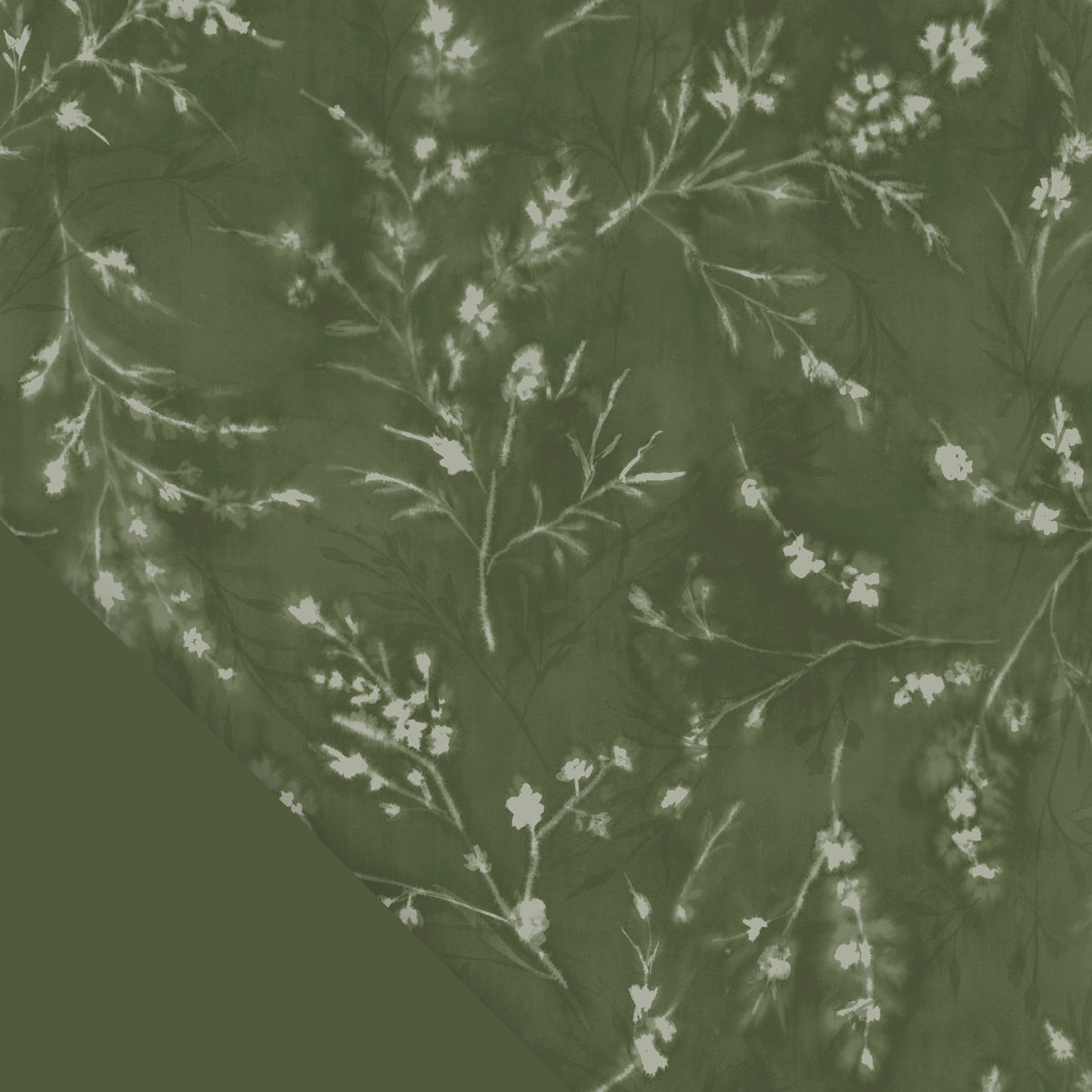 Close-up image of the Floral Evergreen pattern with a small section of the plain Evergreen color in the bottom left corner
