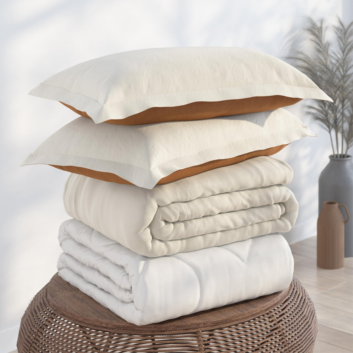 Image of a pile of bedding on top of a brown table. The bedding shown includes (from top to bottom): 2 Ivory/Clay Pillow Shams with the Ivory side facing up, a neatly folded Ivory/Clay Duvet Cover + Cooling with the ivory side showing, and a neatly folded Cooling Duvet Insert 