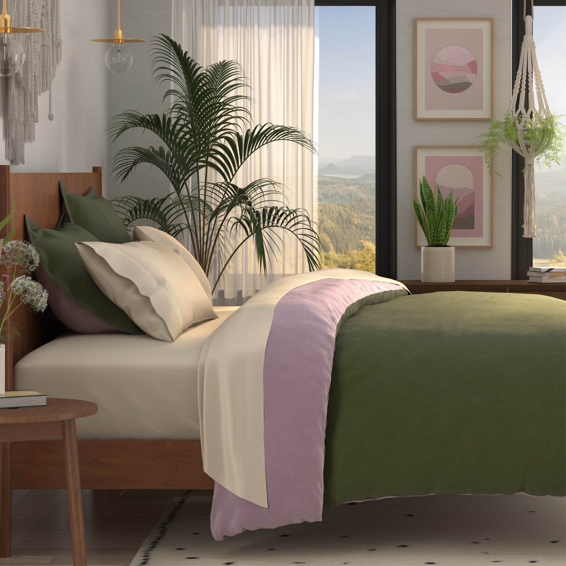 Image of a neatly made bed with ivory-colored sheets and the Lilac/Jungle Duvet Cover + Cooling on top with the Jungle side facing up 