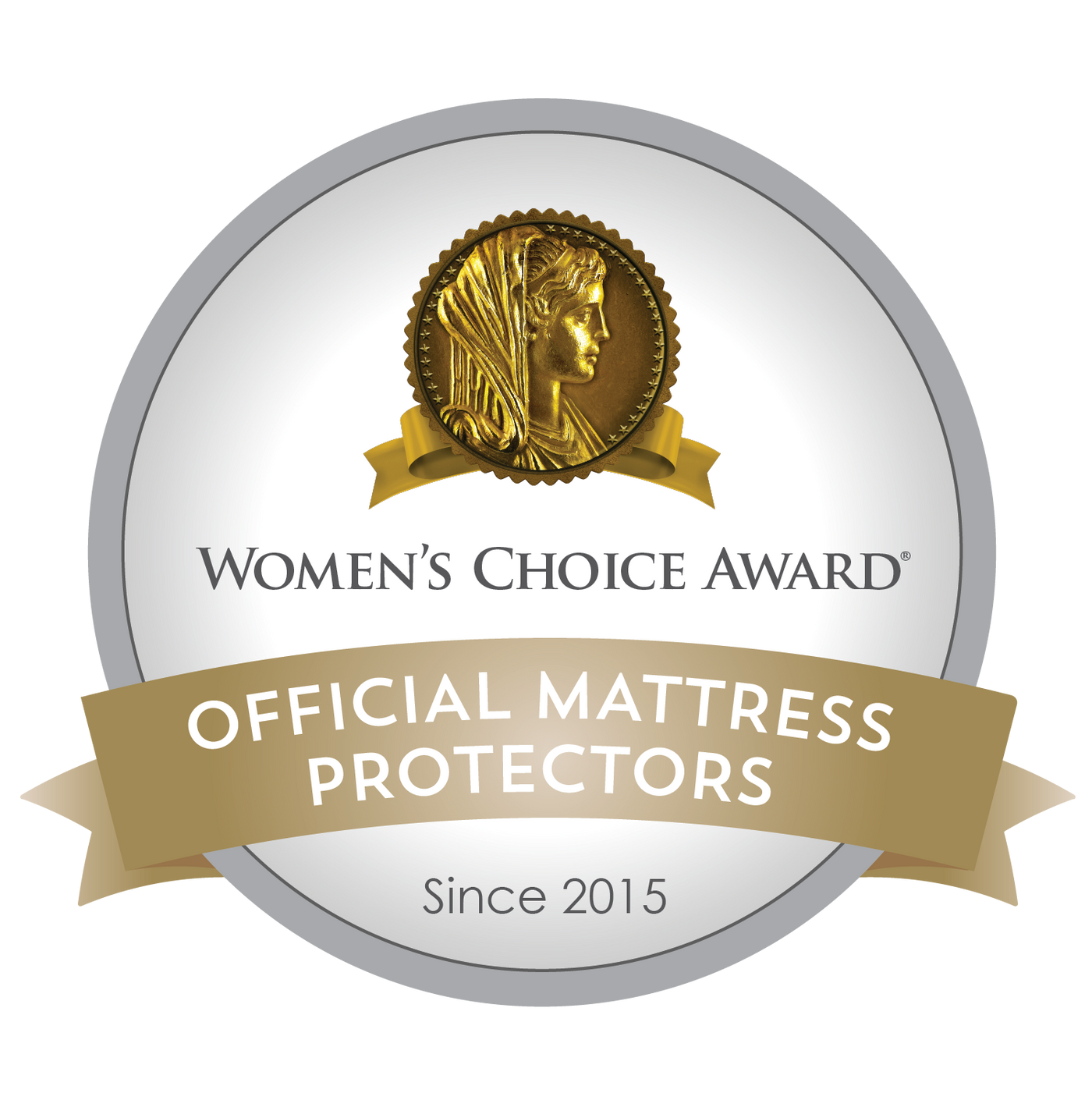 Gold and gray icon reading: Women's Choice Award® Official Mattress Protectors Since 2015