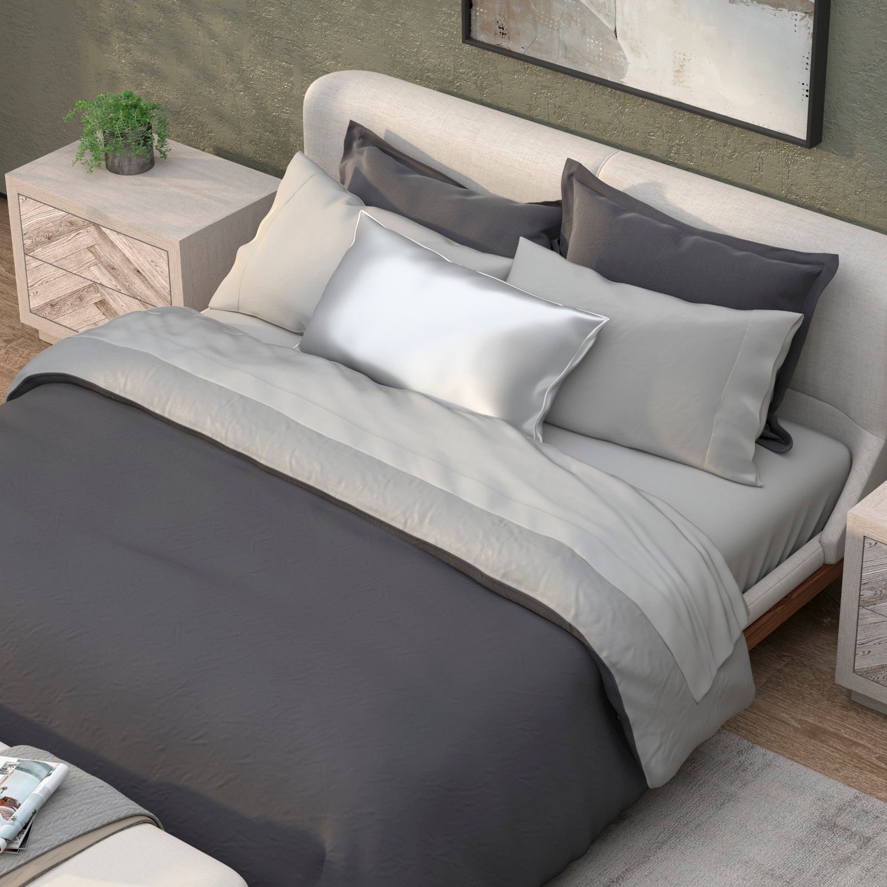 Image of a neatly made bed with the Dove Gray Soft Touch Bundle 