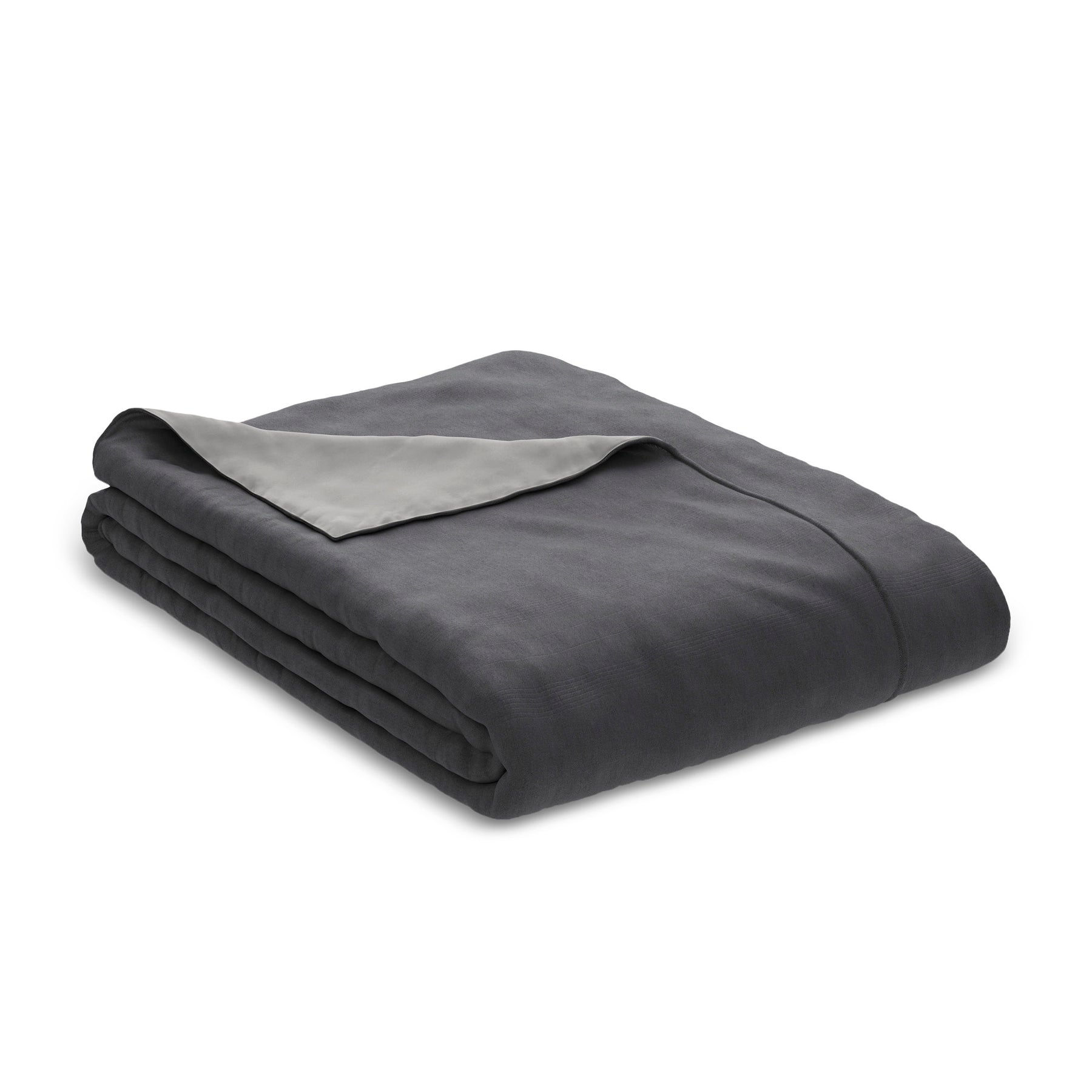 Image of a neatly folded Dove Gray/Shadow Soft Touch Duvet Cover with the Shadow side up and the back left corner folded over to show the Dove Gray color on a white background