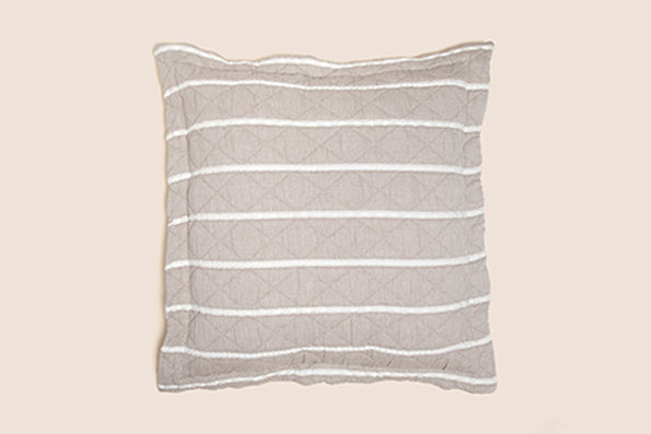 Image of a Euro Pillow Insert inside of a striped gray and white Heritage Pillow Sham on a light pink background