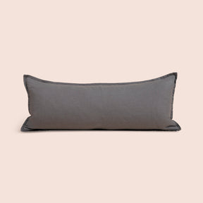 Image of Stone Gray Blended Linen Lumbar Pillow Cover on a lumbar pillow with a light pink background