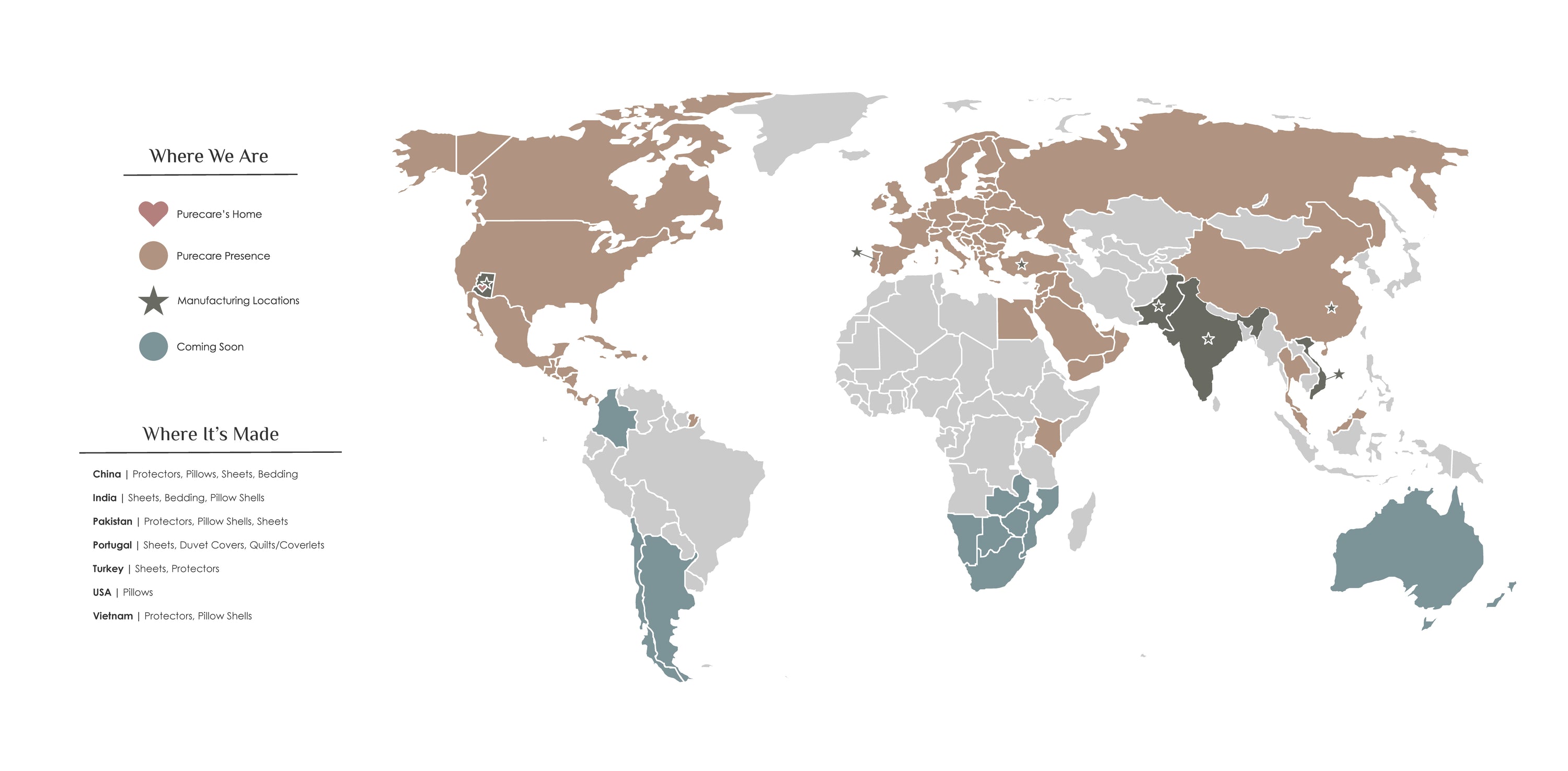 Map of the world highlighting Purecare's presence and locations