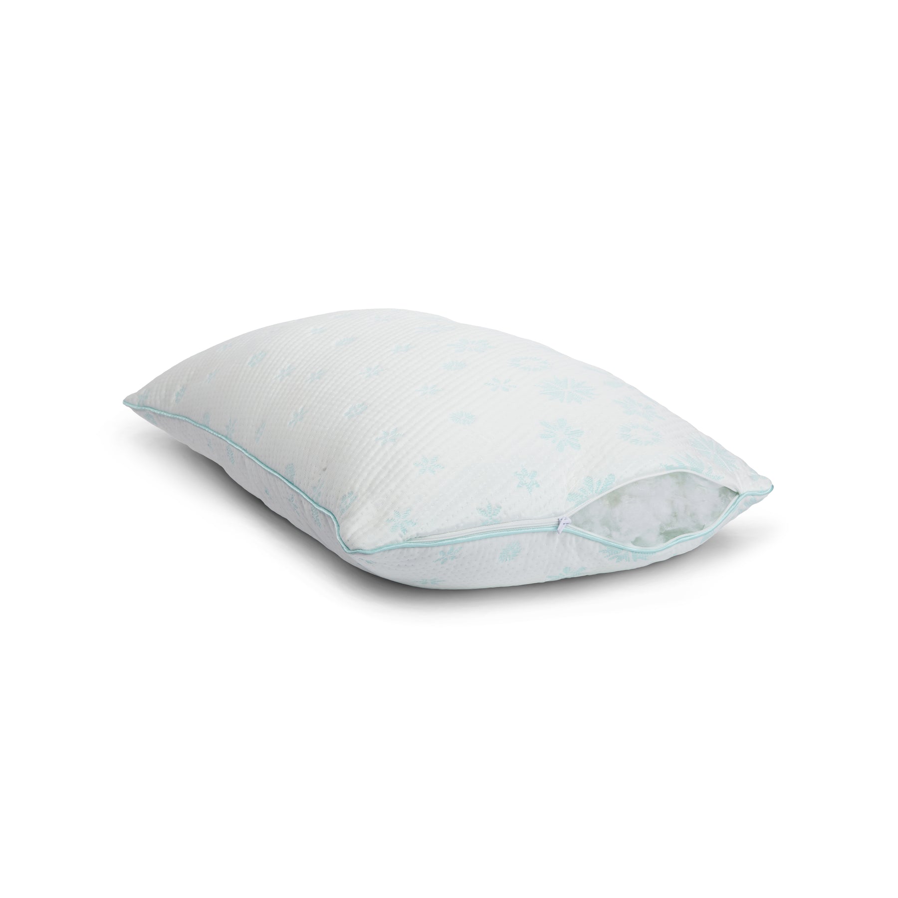 Side image of the Snowflake Fiber Pillow with the zipper open showing the adjustable fiber fill