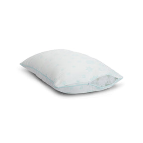 Side image of the Snowflake Fiber Pillow with the zipper open showing the adjustable fiber fill