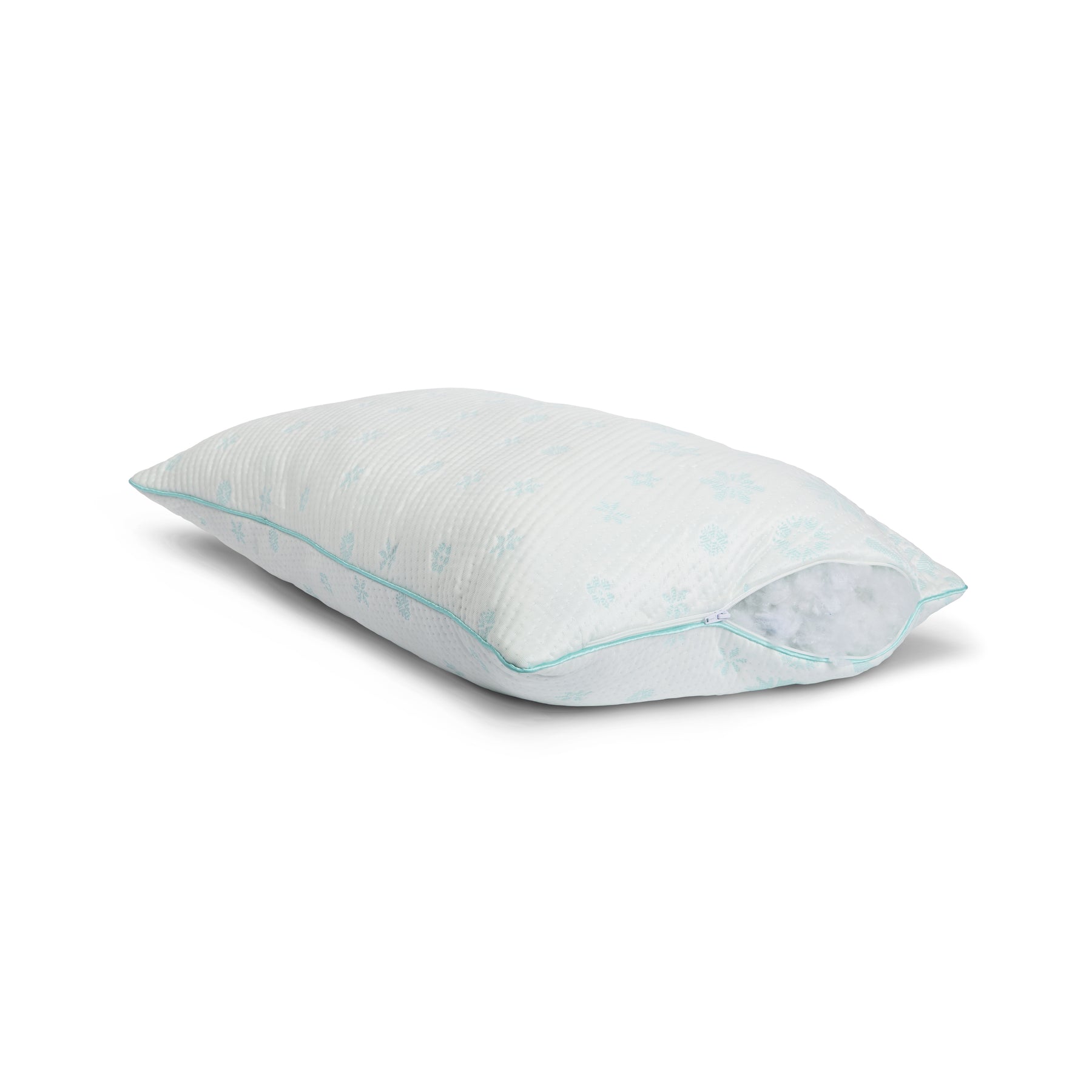 Side image of the Snowflake Foam + Fiber Pillow with the zipper open showing the adjustable foam & fiber blended fill