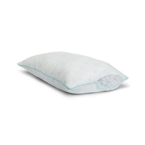 Side image of the Snowflake Foam + Fiber Pillow with the zipper open showing the adjustable foam & fiber blended fill