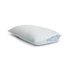 Side image of the Snowflake Foam Pillow with the zipper open showing the adjustable foam fill
