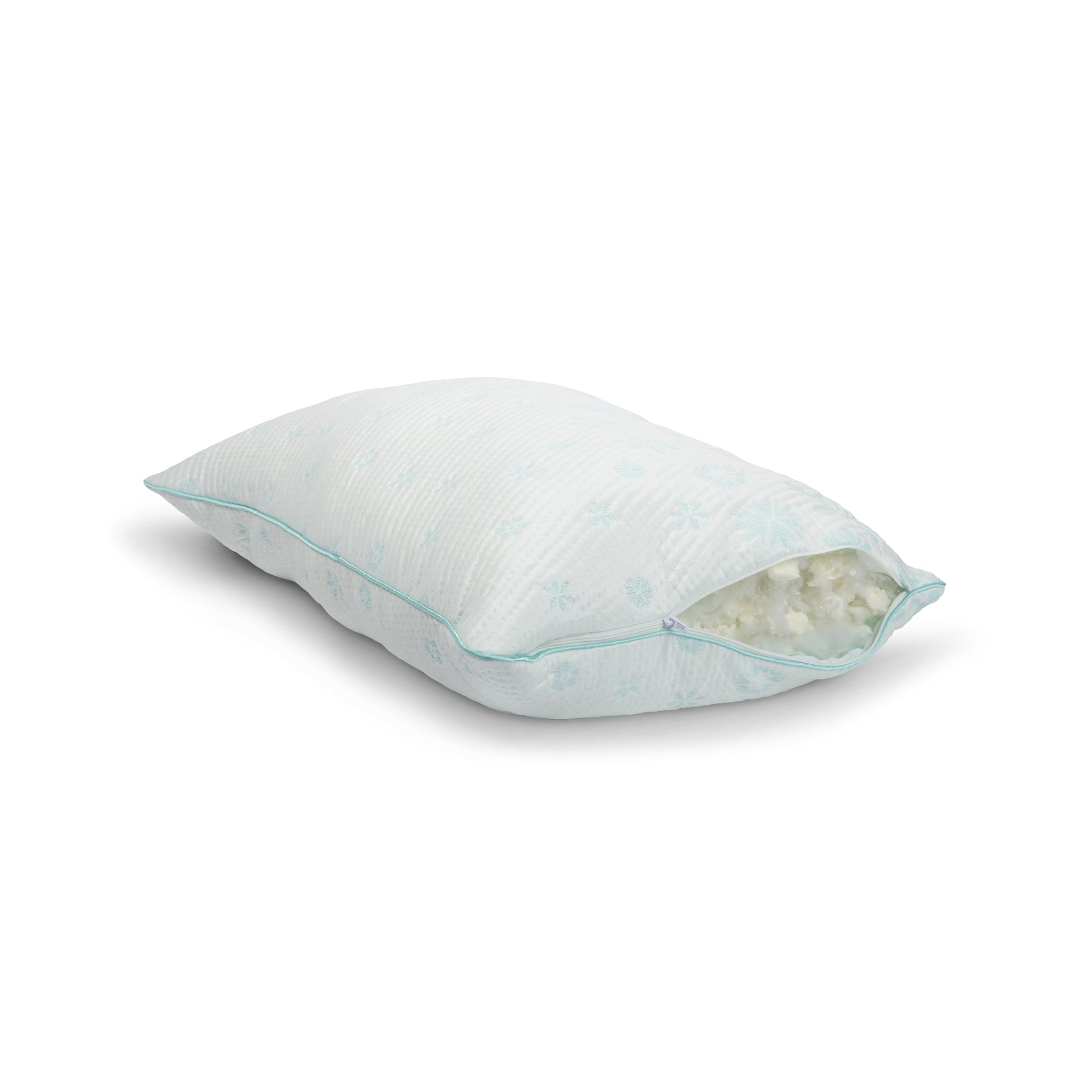 Side image of the Snowflake Latex + Fiber Pillow with the zipper open showing the adjustable latex & fiber blended fill