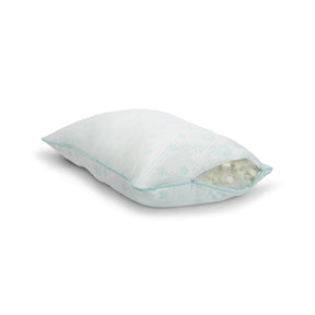 Side image of the Snowflake Latex + Fiber Pillow with the zipper open showing the adjustable latex & fiber blended fill