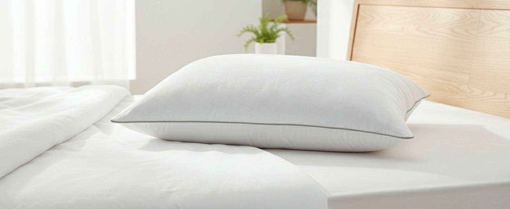 Image of the Shattered Ice pillow on a bed with white sheets