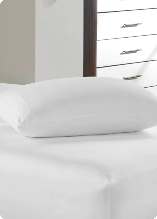 Image of a pillow with pillow protector on an undressed bed