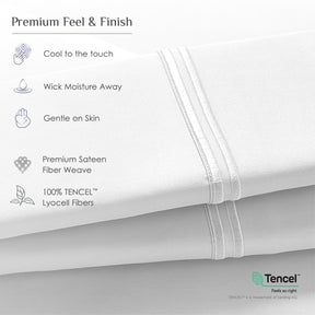 Image of a white sheet with the caption: "Premium Feel & Finish -Cool to the touch -Wick Moisture Away -Gentle on Skin -Premium Sateen Weave -100% TENCEL™ Lyocell Fibers"