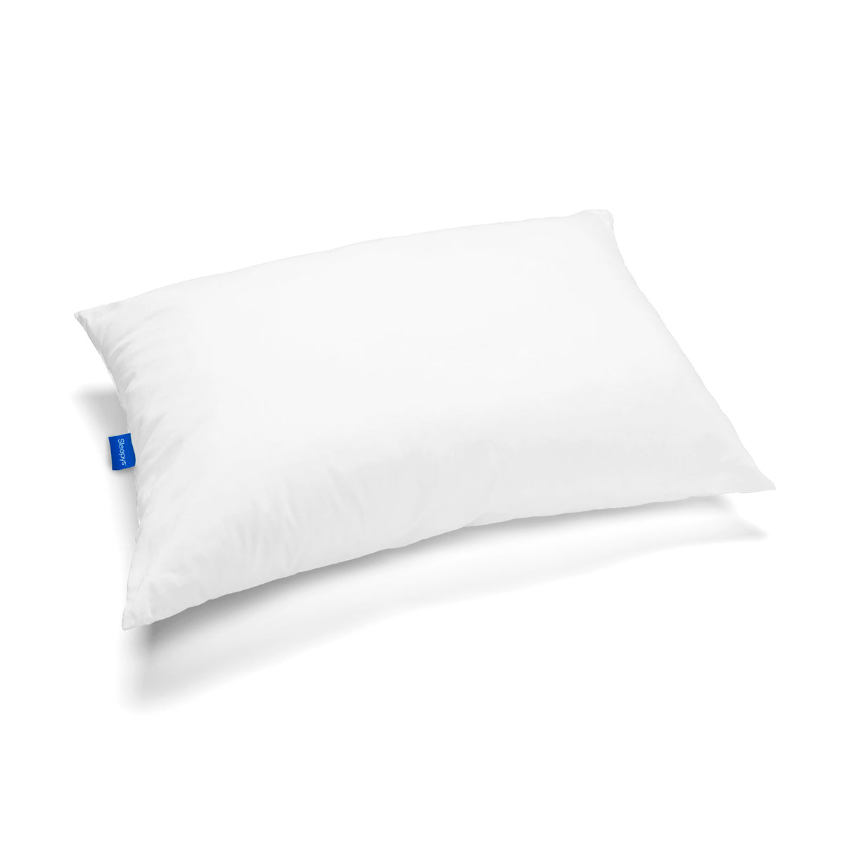 Image of a white pillow with a blue tag on a white background