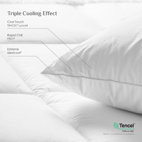 Image of a pillow on a bed with the captions: "Triple Cooling Effect -Cool Touch TENCEL Lyocell -Rapid Chill FRíO -Extreme alexicool