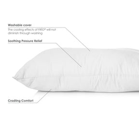 Image of a pillow on a white background with the captions: -Washable cover: The cooling effects of FRíO will not diminish through washing -Soothing Pressure Relief -Cradling Comfort