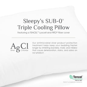 Image of a pillow on a white background with the caption: "Sleepy's SUB-0 Triple Cooling Pillow Featuring a TENCEL Lyocell and FRíO Fiber cover | AgCl Our antimicrobial silver product protection treatment helps keep your bedding fresher longer by inhibiting bacteria, mold, and mildew that cause deterioration, stains, and odors on our product."