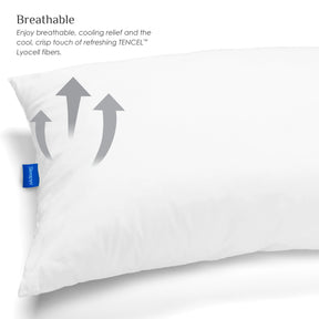 Image of a pillow with a blue tag on a white background with the caption: "Breathable: Enjoy breathable, cooling relief and the cool, crisp touch of refreshing TENCEL Lyocell fibers."